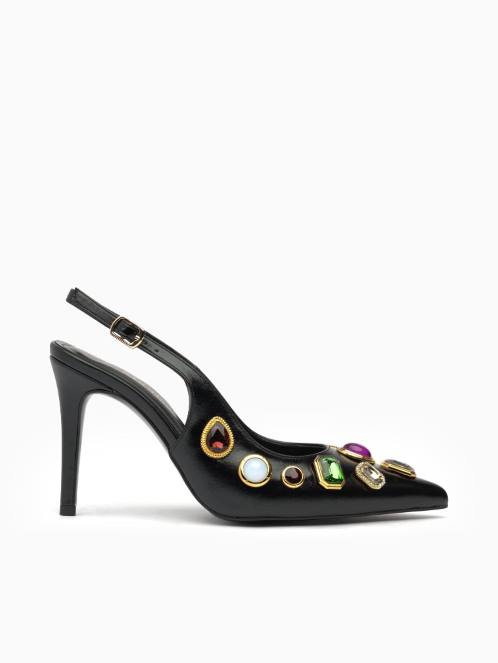 Black Leather Slingback Heels with Multicolor Jewel Embellishments (90mm Heel)